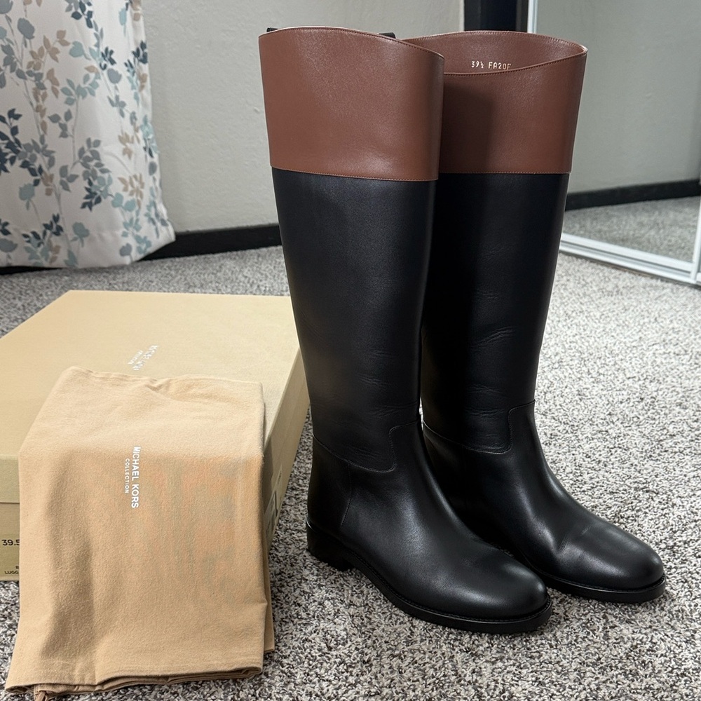 Elegant Black and Brown Women Braden Two-Tone Leather Riding Boots Michael Kors